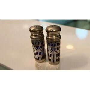 Vintage Silver Cobalt Blue Salt & Pepper Shakers Silver Plate Filigree UK Set